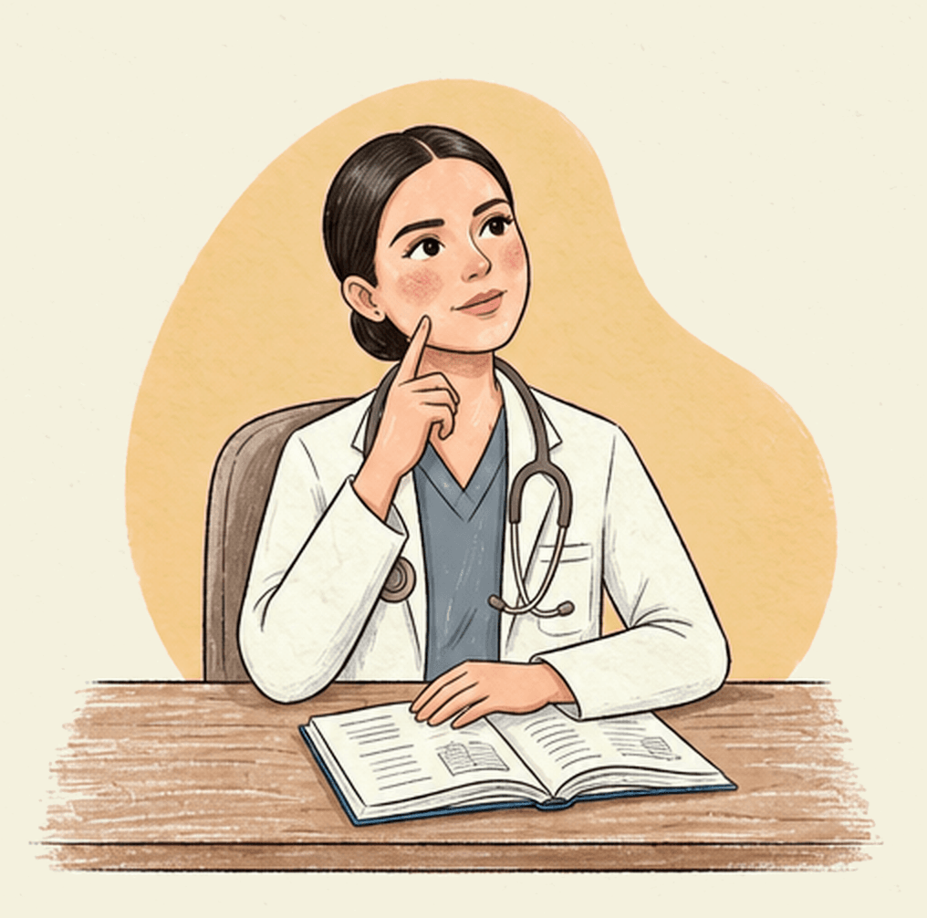 Ilustración de la doctora sentada en su escritorio frente a un libro abierto, pensativa, con la mano en la barbilla