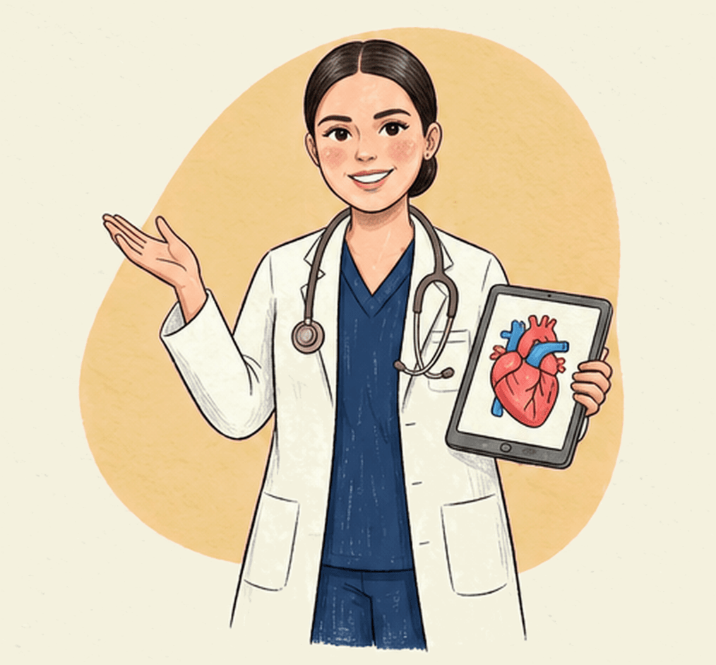 Ilustración de la doctora Brenda Salgado con bata blanca y estetoscopio, sonriente, que con una mano señala y con la otra sostiene una tableta con el dibujo de un corazón