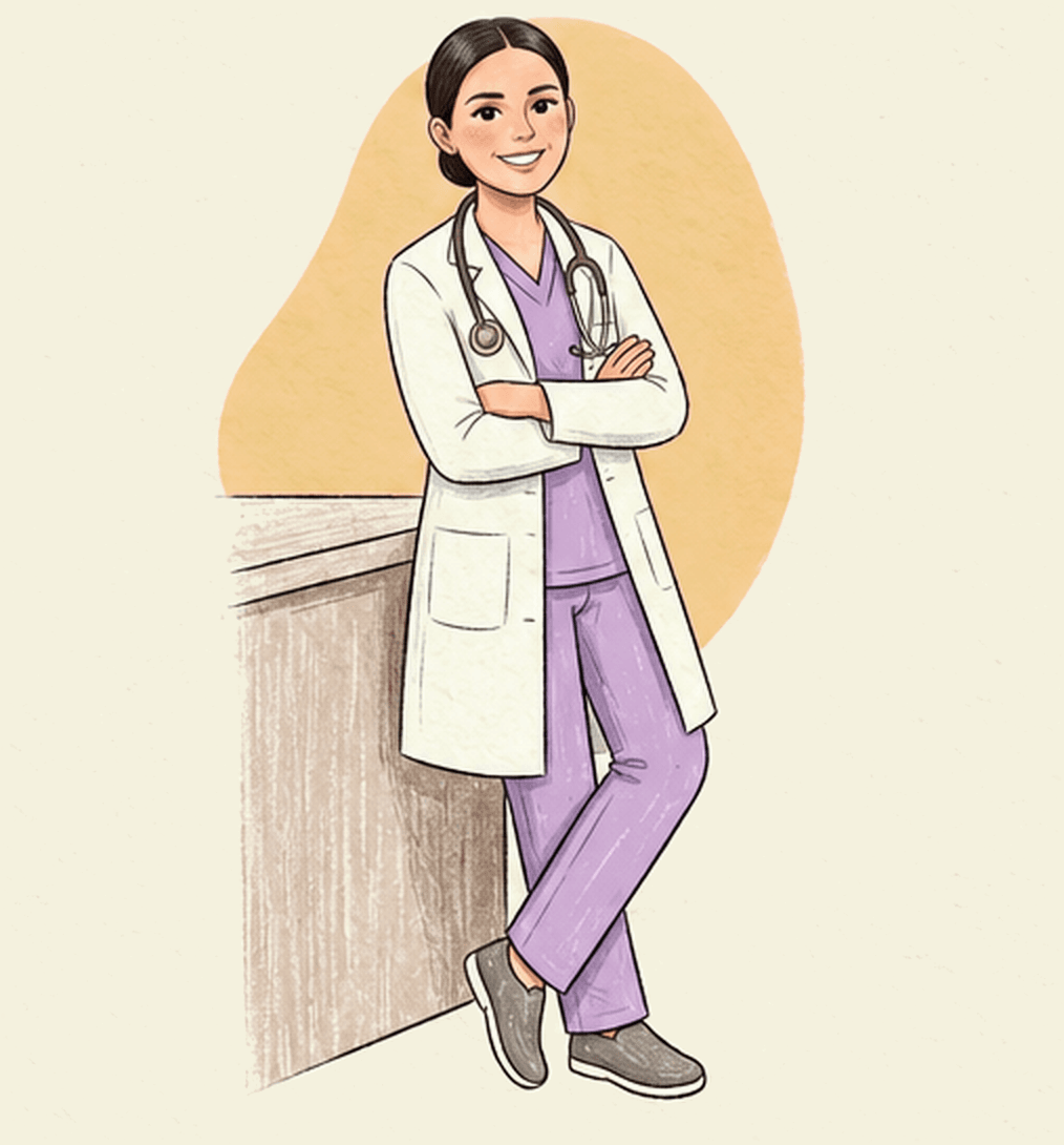 Ilustración de cuerpo completo de la doctora, recargada en un mueble con los brazos cruzados y una sonrisa