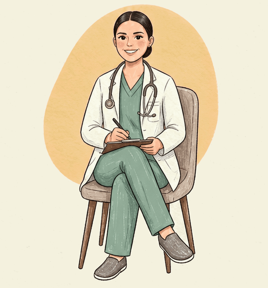 Ilustración de la doctora sentada en una silla, con bata blanca, tomando notas en una tabla