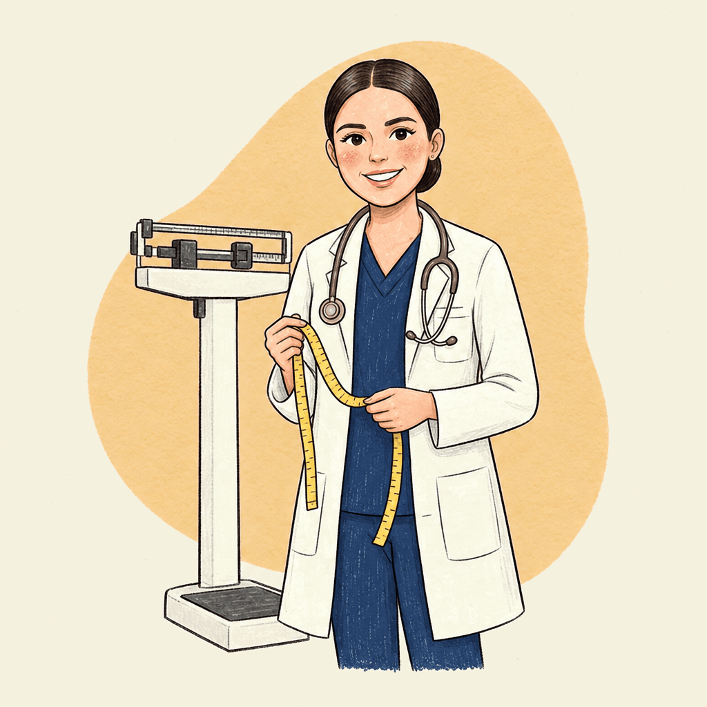 Ilustración de la doctora junto a una báscula médica, sosteniendo una cinta métrica